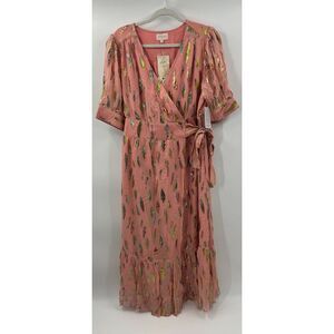 NWT CIEBON Whitney Metalllic Print Wrap Dress In Dusty Pink XL